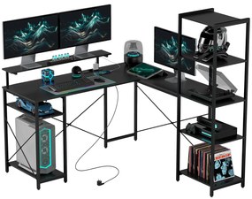 HOMCOM Birou în formă de L cu Stație de Încărcare, Birou de colț pentru calculator cu Suport pentru Monitor și Rafturi, pentru biroul acasă, birou, Negru | Aosom Romania