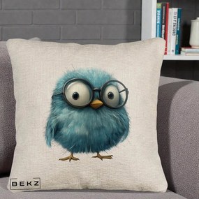 Perna Decorativa Pui Pufos Teal cu Ochelari, 40x40 cm, Bej Canapea, Husa Detasabila, Perna Inclusa, BEKZ®