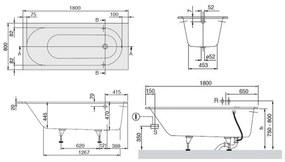 Cada baie incastrata Compozit-Quaryl 180 x 80 cm Villeroy  Boch, Oberon 1800x800 mm