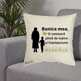 Cadou pentru Bunica - Perna Personalizata Bunica Mea Comoara cu Fluture si Baietel, 40x40 cm, Ecru, Husa Detasabila, Perna Inclusa, BEKZ®