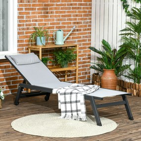 Outsunny Șezlong de soare din aluminiu și textilenă cu roți și pernă pentru cap, spătar reglabil gri deschis | Aosom Romania