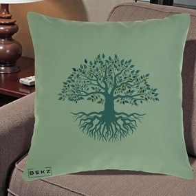 Perna Decorativa Copacul Vietii Teal cu Radacini, 40x40 cm, Verde, Husa Detasabila, Perna Inclusa, BEKZ®