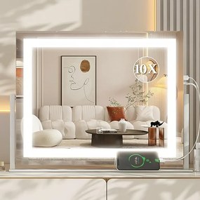 RESIGILAT- Oglindă cosmetică, sistem iluminare bandă LED cu 3 culori, Senzor Tactil, Port încărcare USB, Luminozitate Reglabilă, Oglindă de mărire 10X, 58x46 cm