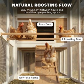 PawHut Adăpost pentru găini cu țarc Cuib tavă extractabilă acoperiș din asfalt pentru 4 găini 200x104x145cm lemn Maro | Aosom Romania