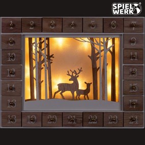 Calendar advent din lemn PĂDUREA DE IARNĂ cu iluminare, 35x6x27cm, alb/maro Spielwerk