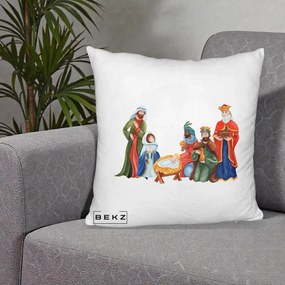 Perna Decorativa Nasterea Domnului Cei Trei Magi Acuarela, 40x40 cm, Alb Pufos, Husa Detasabila, Perna Inclusa, BEKZ®