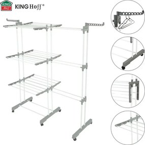 Uscător de rufe Kinghoff KH 2044, 30 m, până la 30 kg, 3 niveluri, roți, oțel, alb/gri