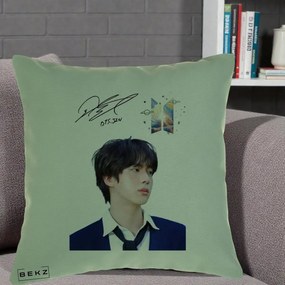 Perna Personalizata K-pop BTS Jin Portret Tinuta Albastra Autograf, 40x40 cm, Verde, Husa Detasabila, Perna Inclusa, BEKZ®