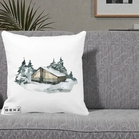 Perna Decorativa Cabana de Iarna in Padure, 40x40 cm, Alba Mata, Husa Detasabila, Perna Inclusa, BEKZ®