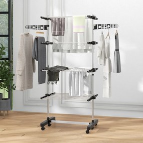 HOMCOM Uscător de Rufe Pliabil, Uscător Tip Turn cu 6 Roți, Cârlige și 4 Rafturi Reglabile, 142x55x172 cm, Argintiu | Aosom Romania