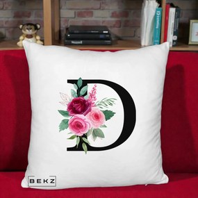 Cadou Personalizat - Perna Personalizata Monograma Florala Litera D, 40x40 cm, Alb Pufos, Husa Detasabila, Perna Inclusa, BEKZ®