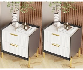 NOG3 - Set 2 Noptiere, 48 cm, cu 2 sertare pentru dormitor, Piele Ecologica si Riflaje - Gri- Alb - Auriu