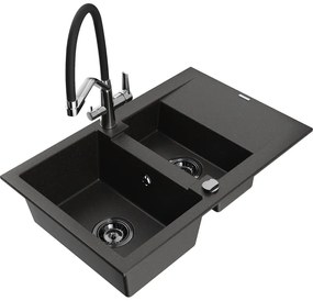 Mexen Gaspar chiuvetă de granit 1,5 camera cu scurgător și robinet Duo, negru/auriu metalic - 6507-75-671701-07-B