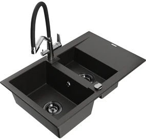 Mexen Gaspar chiuvetă de granit 1,5 camera cu scurgător și robinet Duo, negru/auriu metalic - 6507-75-671701-07-B