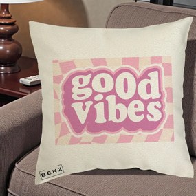Perna Decorativa Good Vibes Retro Roz, 40x40 cm, Ecru, Husa Detasabila, Perna Inclusa, BEKZ®