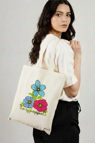Sacosa de Panza pentru Cumparaturi, Geanta Tote, model Flower Watecolor 2, 38 x 34.5 cm, Alba, BEKZ®