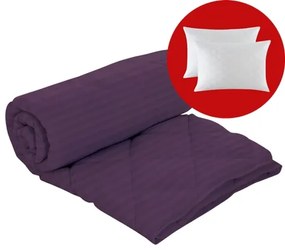 Set pilota iarna, umplutura lana, material damasc policoton, 180x210cm, matlasata, mov inchis, Pucioasa cu 2 perne, matlasate, antialergice, 50x70cm, albe, Pucioasa