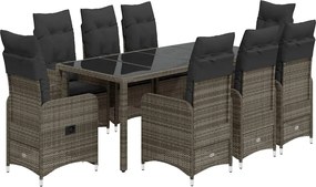 vidaXL Set bistro de grădină cu perne, 9 piese, gri, poliratan
