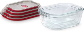 Set de 4 cutii pentru alimente Black+Blum Stack+Nest FBGR-BX-PACK4, 0,38/0,6/0,9/1,2 l, dreptunghiulare, potrivite pentru cuptor, fără BPA, oțel inoxidabil, gri/roșu