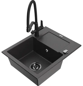 Mexen Enzo chiuvetă de granit cu 1 compartiment cu scurgător și baterie de bucătărie Duo, negru stropit - 6506-76-671701-70-B