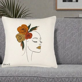 Perna Decorativa Portret Feminin Trandafiri Ruginii, 40x40 cm, Crem Reliefat, Husa Detasabila, Perna Inclusa, BEKZ®