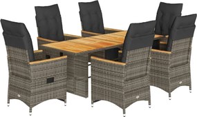 vidaXL Set bistro de grădină cu perne, 7 piese, gri, poliratan