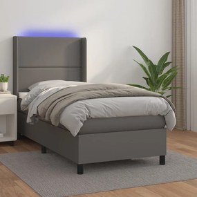 3139299 vidaXL Pat cu arcuri, saltea și LED, gri, 90x190 cm, piele ecologică