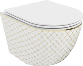 Mexen Lena toaletă WC Rimless cu scaun cu coborâre lentă slim, duroplast, albă/aurie model grilaj - 30224009