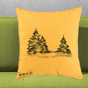 Perna Decorativa Brazi Inzapeziti Acuarela, 40x40 cm, Galben, Husa Detasabila, Perna Inclusa, BEKZ®