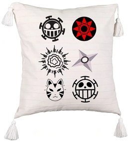 Perna Decorativa cu Franjuri cu Naruto symbols, 45x45 cm, Ecru, Cu fermoar