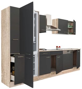 Mobilă de bucătărie Yorki 310, corp din stejar sonoma, față antracit satinat, frigider cu congelator în partea de jos
