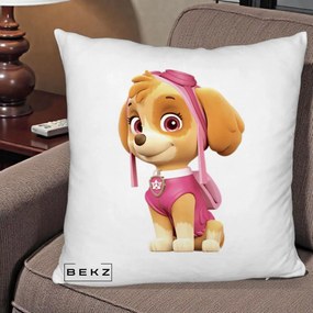 Perna Personalizata Skye PAW Patrol Roz, 40x40 cm, Alb Pufos, Husa Detasabila, Perna Inclusa, BEKZ®