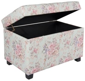 Pouf shabby chic, roz, cu imprimeu floral si spatiu de depozitare, 61x37x43 cm