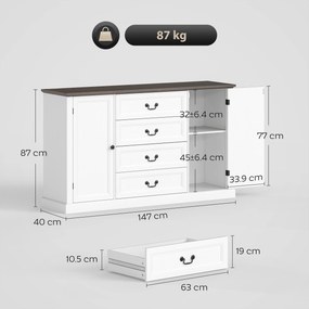 HOMCOM Credență de Bucătărie, Mobilier de Bucătărie cu 4 Sertare Soft Close, Blat Gros, Bufet cu Rafturi Reglabile, Stil Rustic, pentru Sufragerie, Sala de Mese, 147x40x87 cm, Alb | Aosom Romania