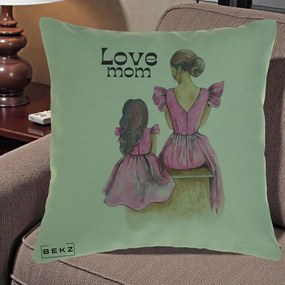 Cadou pentru Mama - Perna Personalizata Love Mom Rochii Roz, 40x40 cm, Verde, Husa Detasabila, Perna Inclusa, BEKZ®