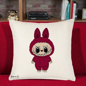 Perna Personalizata Labubu Rosu-Visiniu Solo, 40x40 cm, Crem Reliefat, Husa Detasabila, Perna Inclusa, BEKZ®