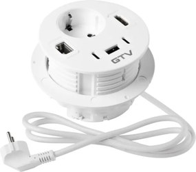 Priză încorporabilă în blat Rondo GTV, 1 priză Schuko, 1 x USB A, 2 x USB C, HDMI, RJ45, alb, D:90 mm D:90 mm, Aluminiu/Plastic, Alb