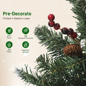 HOMCOM Pom de Crăciun Subțire 150 cm Artificial, Lumini Incorporate în 8 Moduri, 311 Ramuri Dense Ignifuge Înzăpezite, 30 Conuri de Pin și 30 Ciorchini de Boabe, Pom de Crăciun Înalt și Strâmt cu Bază din Metal | Aosom Romania