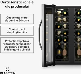 Klarstein Vinamour frigider pentru vinuri, 2 zone de răcire, 7 rafturi, control tactil, protecție UV