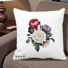 Perna Decorativa Buchet Trandafiri Bujori Botanical, 40x40 cm, Alba Mata, Husa Detasabila, Perna Inclusa, BEKZ®