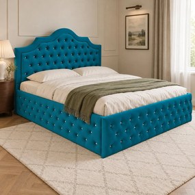 Pat tapițat Chesterfield din catifea Imperio Deluxe 140×200 cm, turcoaz, cu ladă de depozitare