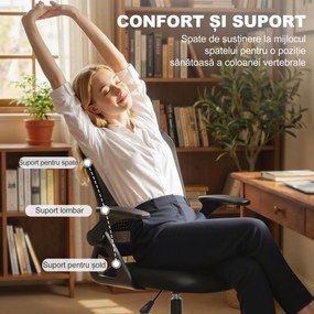 HOMCOM Scaun de Birou Ergonomic, Scaun Rotativ din Plasă, Înălțime Reglabilă și Suport pentru Picioare, Scaun de Birou cu Suport Lombar și Brațe Rabatabile, Capacitate 120kg, Negru | Aosom Romania