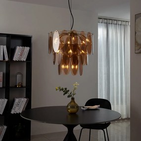 Lampă suspendată Art Deco aurie cu sticlă ovală ambră cu 14 lumini - Mochan