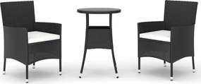 vidaXL Set bistro de grădină cu perne, 3 piese, negru, poliratan