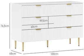HOMCOM Comodă 6 sertare comodă cameră mobilier de depozitare modernă cu mânere și picioare aurii, 120 x 40 x 76,5 cm, alb | Aosom Romania