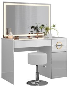 SEA442 - Set Masa toaleta, 115 cm, cosmetica machiaj, oglinda LED, masuta vanity cu sau fara scaun - Alb Lucios