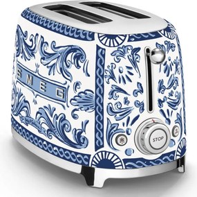 Prajitor de paine SMEG Dolce & Gabbana Blu Mediterraneo TSF01DGBEU, 950 W, 2 felii, 6 trepte, Tava pentru firimituri, Cablu integrat, Otel inoxidabil, Albastru