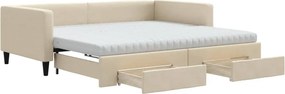 vidaXL Pat de zi cu extensie și sertare, crem, 100x200 cm, textil