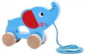Jucarie educativa de tras din lemn masiv NOVOKIDS™ My first Tiny Elephant, Cu roti, Motricitate , Cu sfoara de tractare, Materiale Eco, Albastru