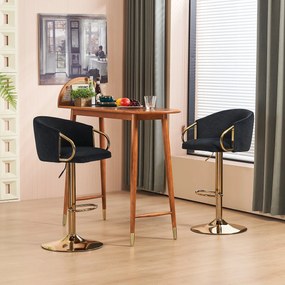 Set de 2 scaune de bar moderne, rotative și reglabile pe înălțime, cu spătar și suport pentru picioare auriu, pentru bucătărie, bar și tejghea de restaurant, Negru